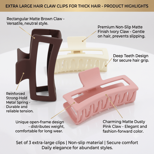 Large Hair Claw Clips – 3 Pack Matte Grip for Curly or Straight Hair